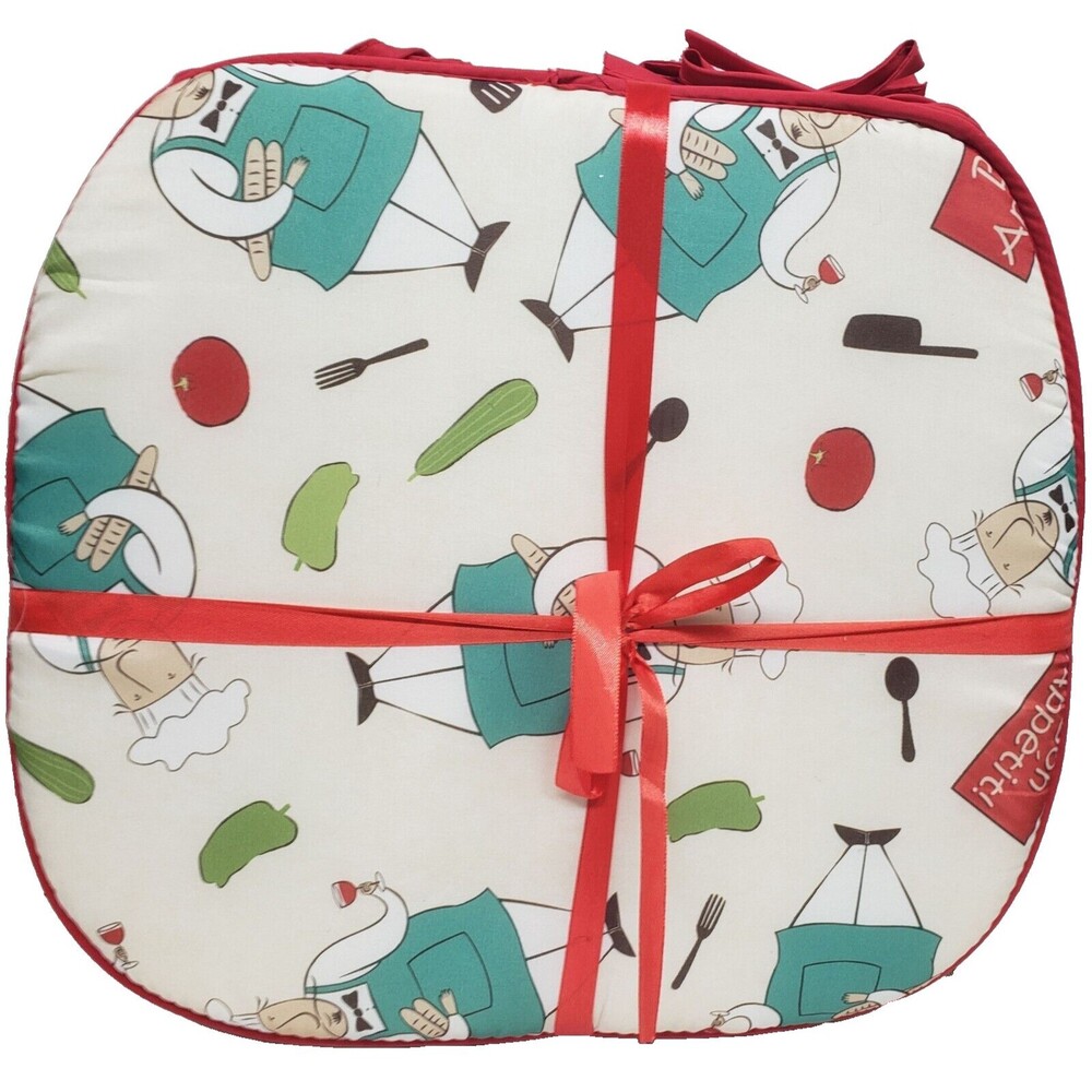 Set of 4 Cushion Chair Pads w/red ties, 15"x15", FAT CHEF IN AQUA BLUE APRON, BH